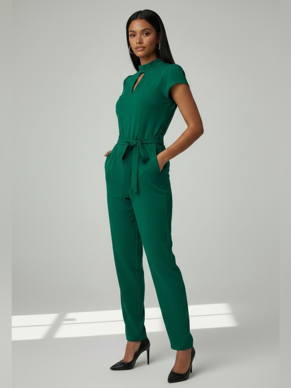 New York & Company Green Keyhole Tie-Waist Jumpsuit - Picture 2 of 7